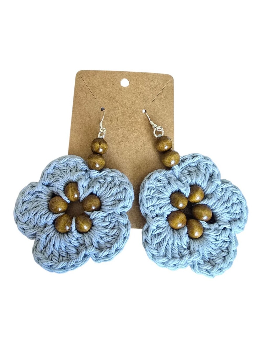 Handmade Gray Crochet Flower Drop Earrings Wooden Beads Boho Statement Floral